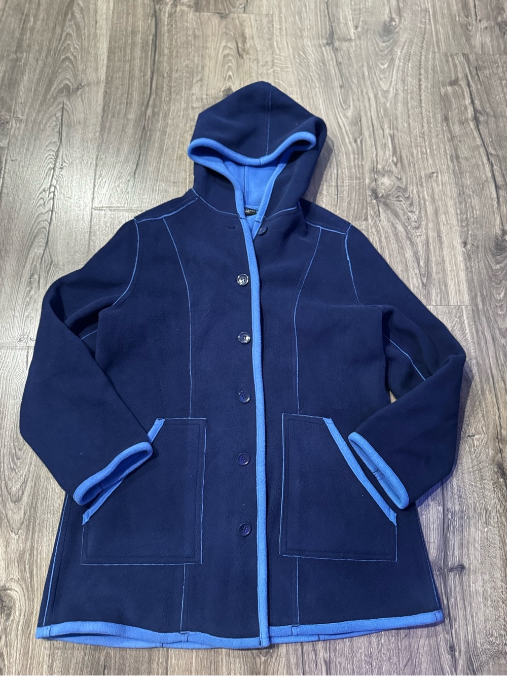 Susan Graver weekend Navy blue Hooded Coat with Light Blue Trim size medium